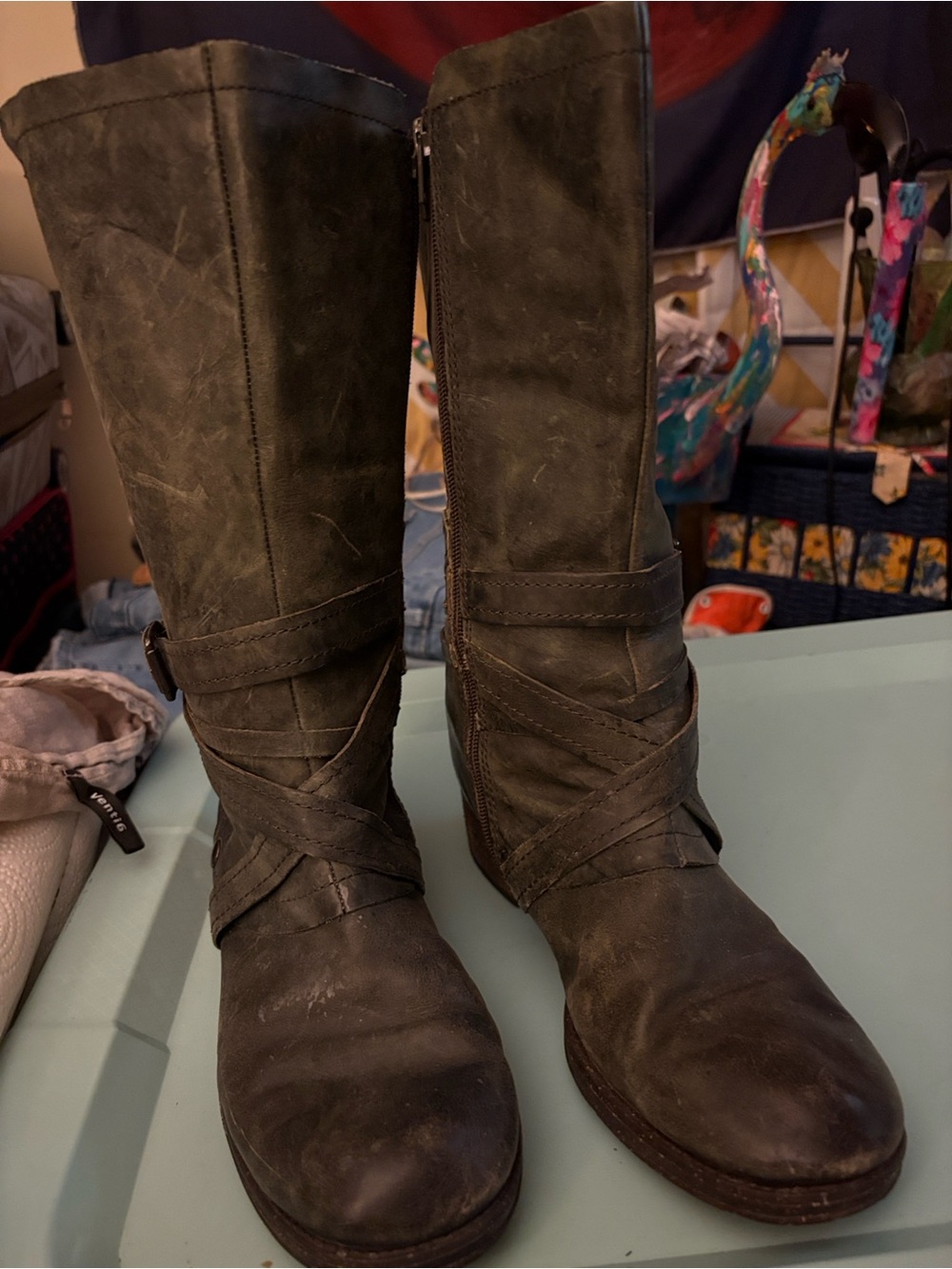 Women’s Knee-High DISTRESSED LEATHER MOTO Boots in Dark Olive!!